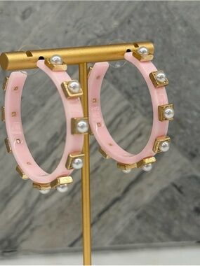 Pink Resin Hoop Earrings with Faux Pearls